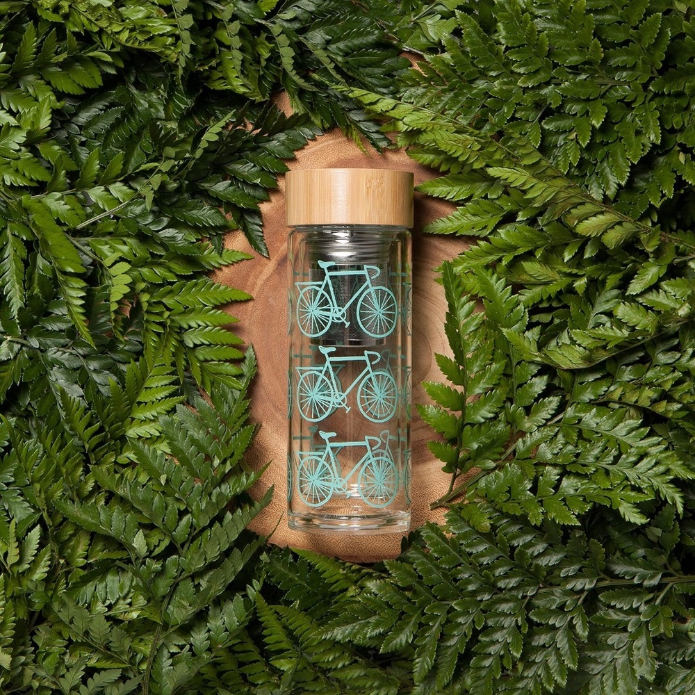 Kitchen Kaboodle Glass Tea Infuser Bamboo Lid Bottle With Printed Teal Bicycles